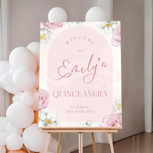 Delicate Floral Arch Quinceañera Welcome Sign