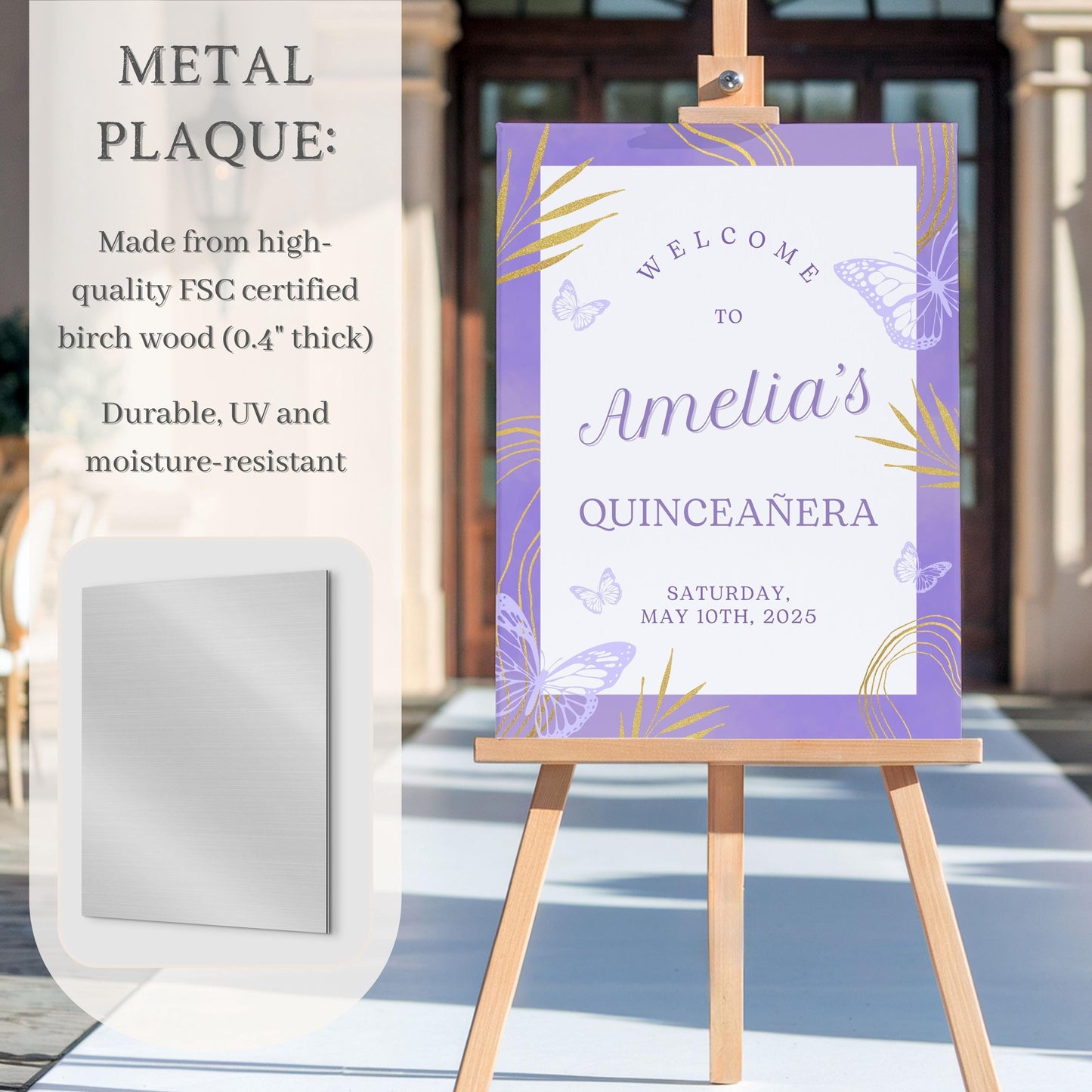 Purple & Gold Butterfly Quinceañera Welcome Sign