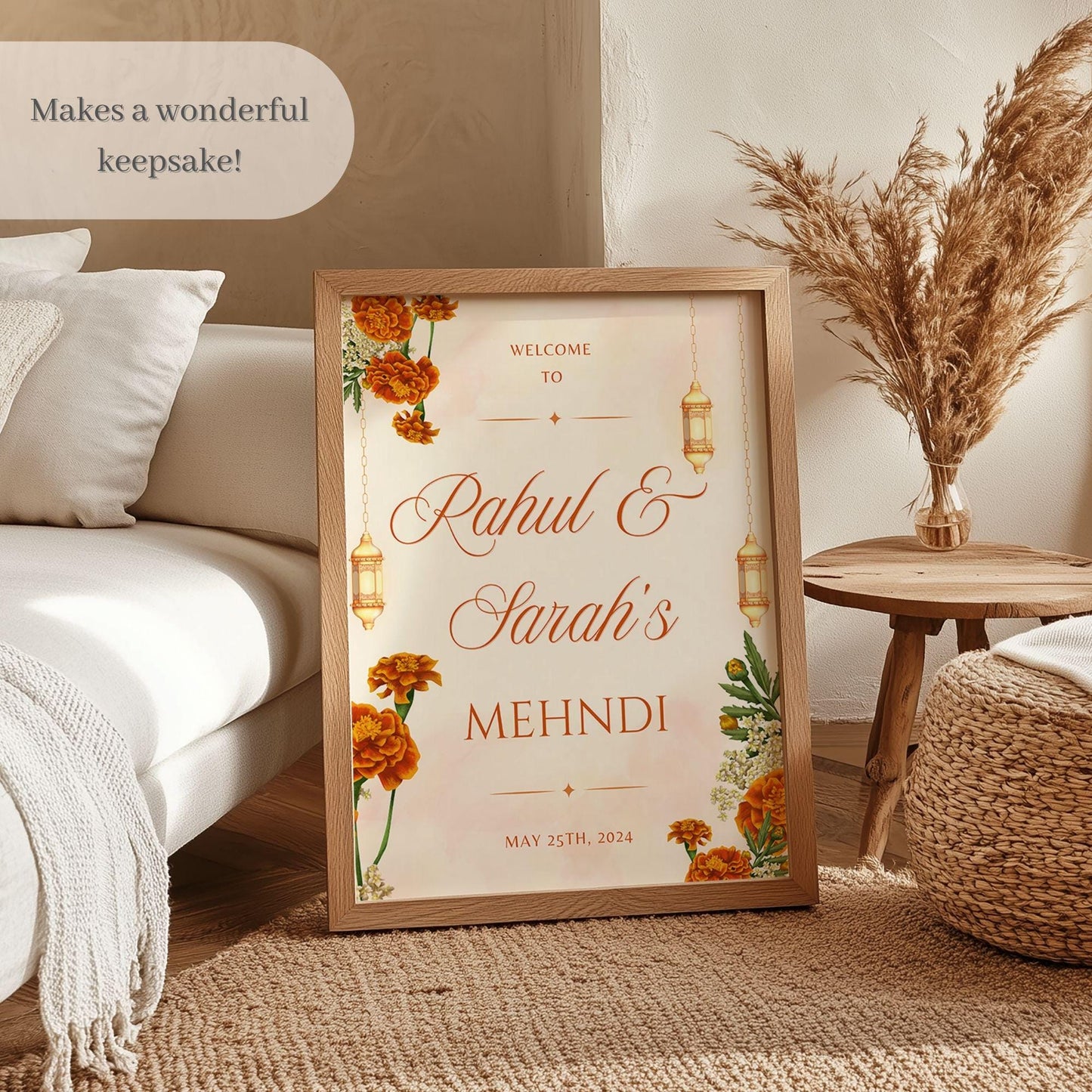 Beige Floral Lantern Indian Wedding Welcome Sign for Mehndi, Sangeet, Haldi etc.