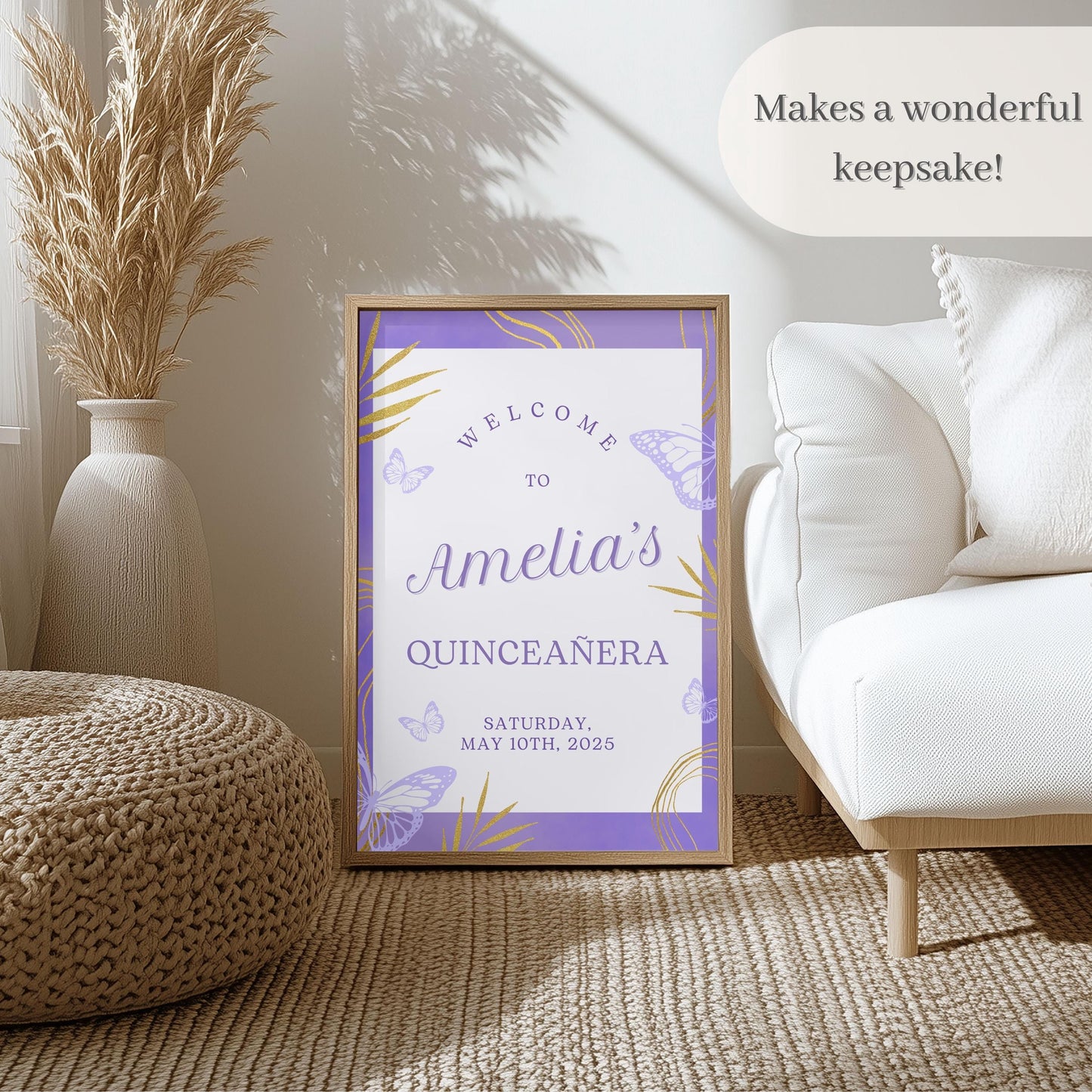 Purple & Gold Butterfly Quinceañera Welcome Sign