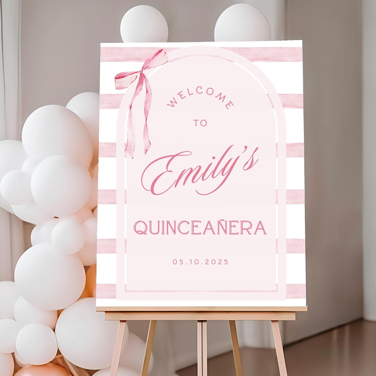 Pink Coquette Bow Striped Quinceañera Welcome Sign