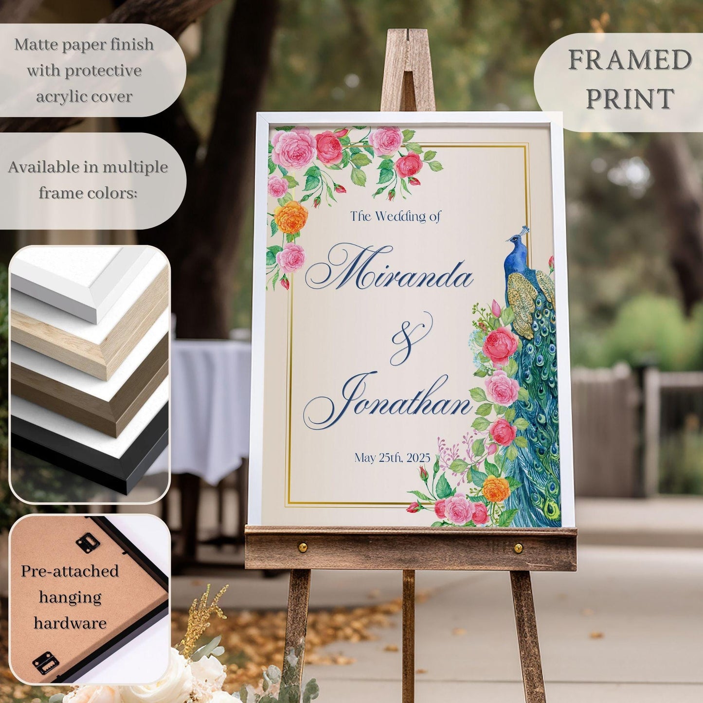 Floral Peacock Indian Wedding Welcome Sign for Mehndi, Sangeet, Haldi etc.
