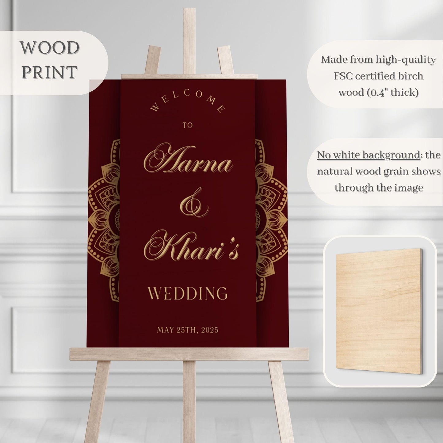 Maroon & Gold Scroll Indian Wedding Welcome Sign for Mehndi, Sangeet, Haldi etc.