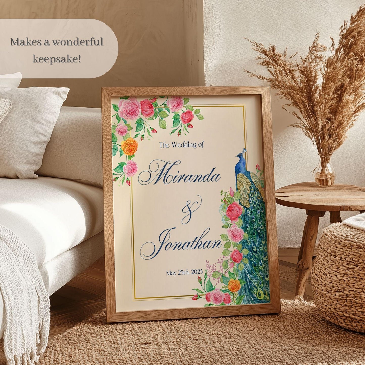 Floral Peacock Indian Wedding Welcome Sign for Mehndi, Sangeet, Haldi etc.