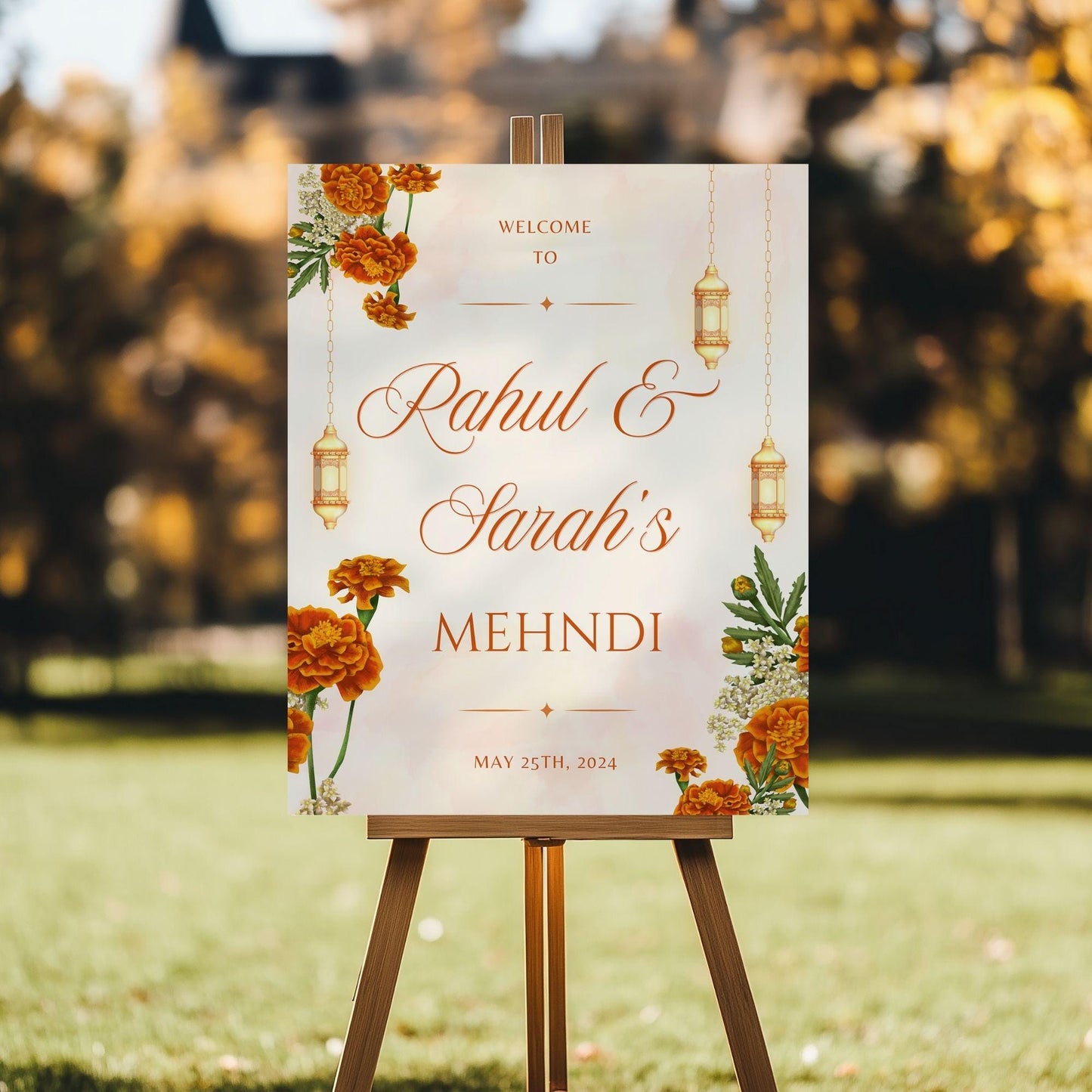 Beige Floral Lantern Indian Wedding Welcome Sign for Mehndi, Sangeet, Haldi etc.
