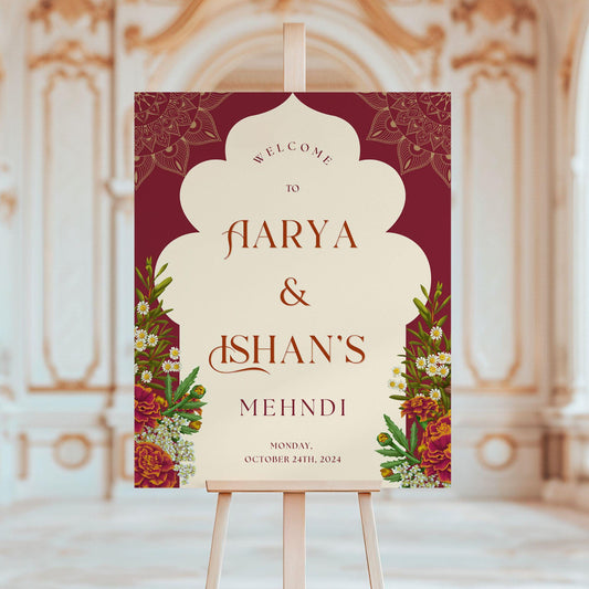 Red Floral Arch Indian Wedding Welcome Sign for Mehndi, Sangeet, Haldi etc.