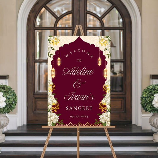 Maroon Arch Indian Wedding Welcome Sign for Mehndi, Sangeet, Haldi etc.