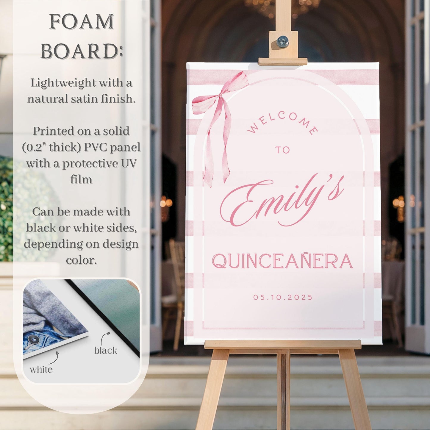 Pink Coquette Bow Striped Quinceañera Welcome Sign