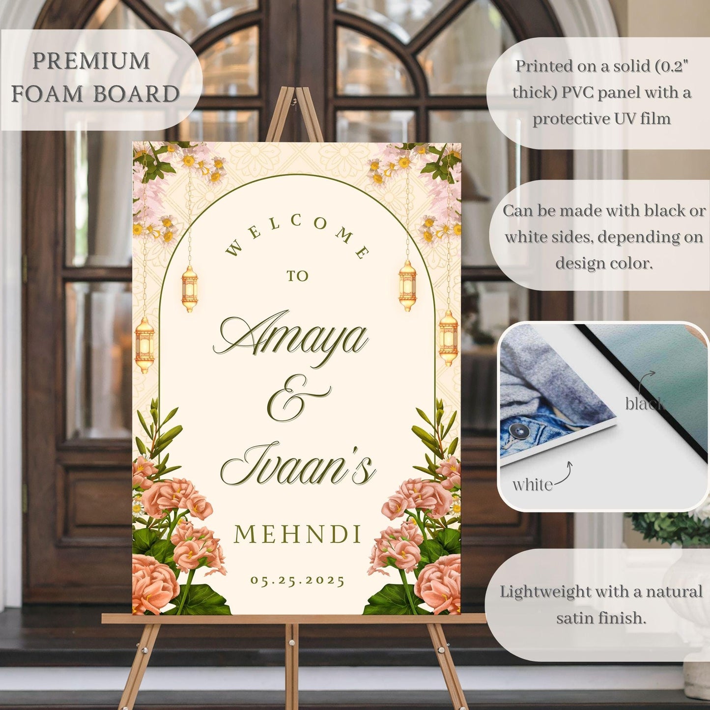 Beige Floral Indian Wedding Welcome Sign for Mehndi, Sangeet, Haldi etc.