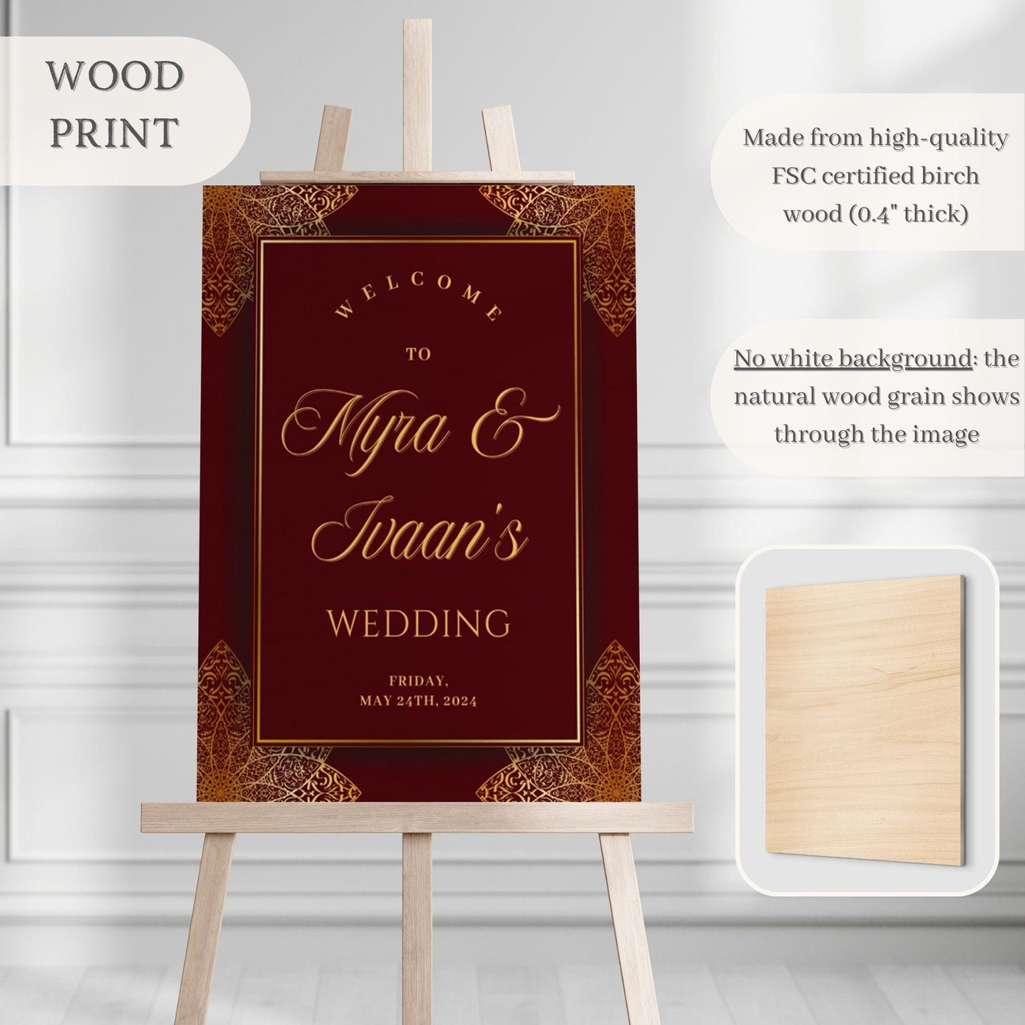 Maroon & Gold Indian Wedding Welcome Sign for Mehndi, Sangeet, Haldi etc.