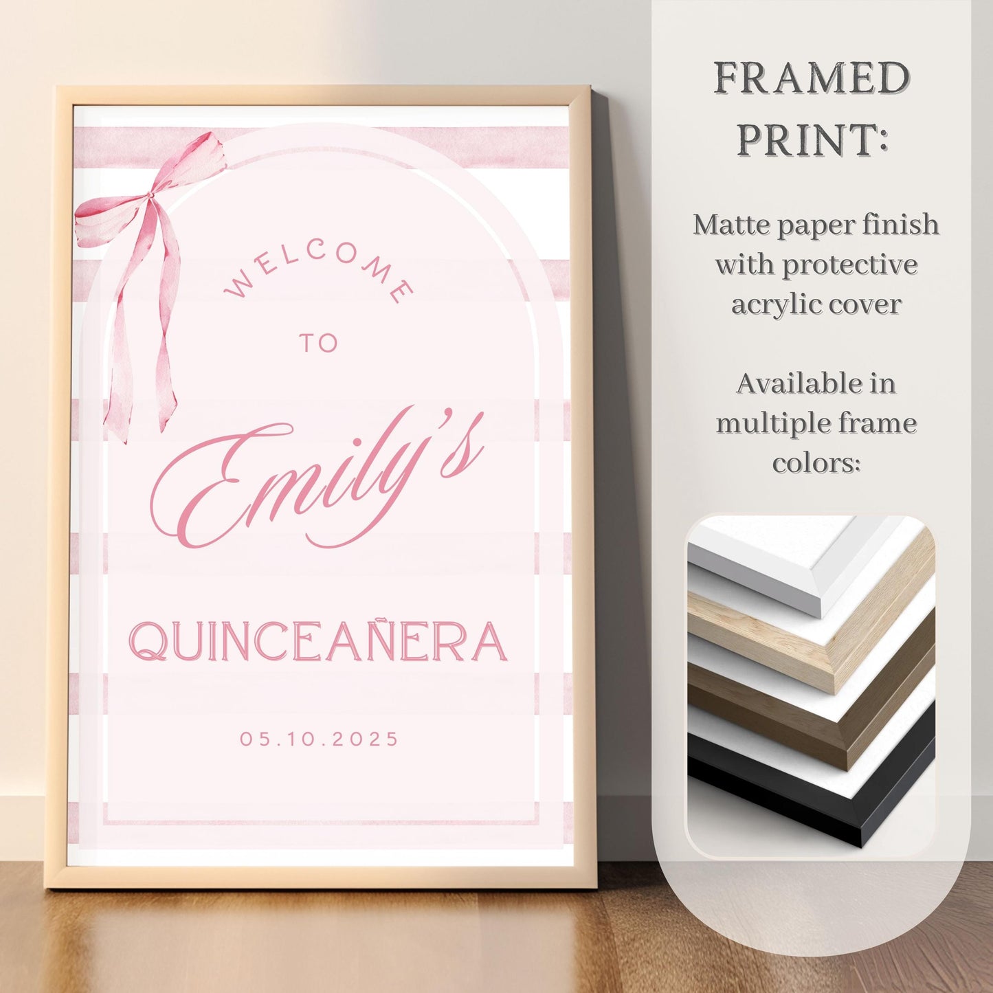 Pink Coquette Bow Striped Quinceañera Welcome Sign
