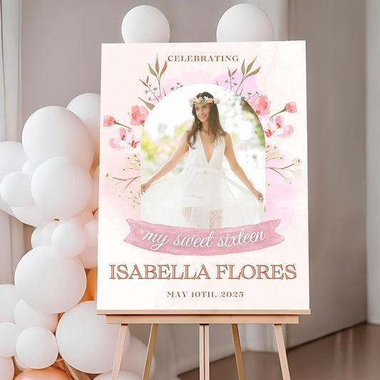 Pink Floral Arch Custom Photo "Sweet Sixteen" 16th Birthday Welcome Sign