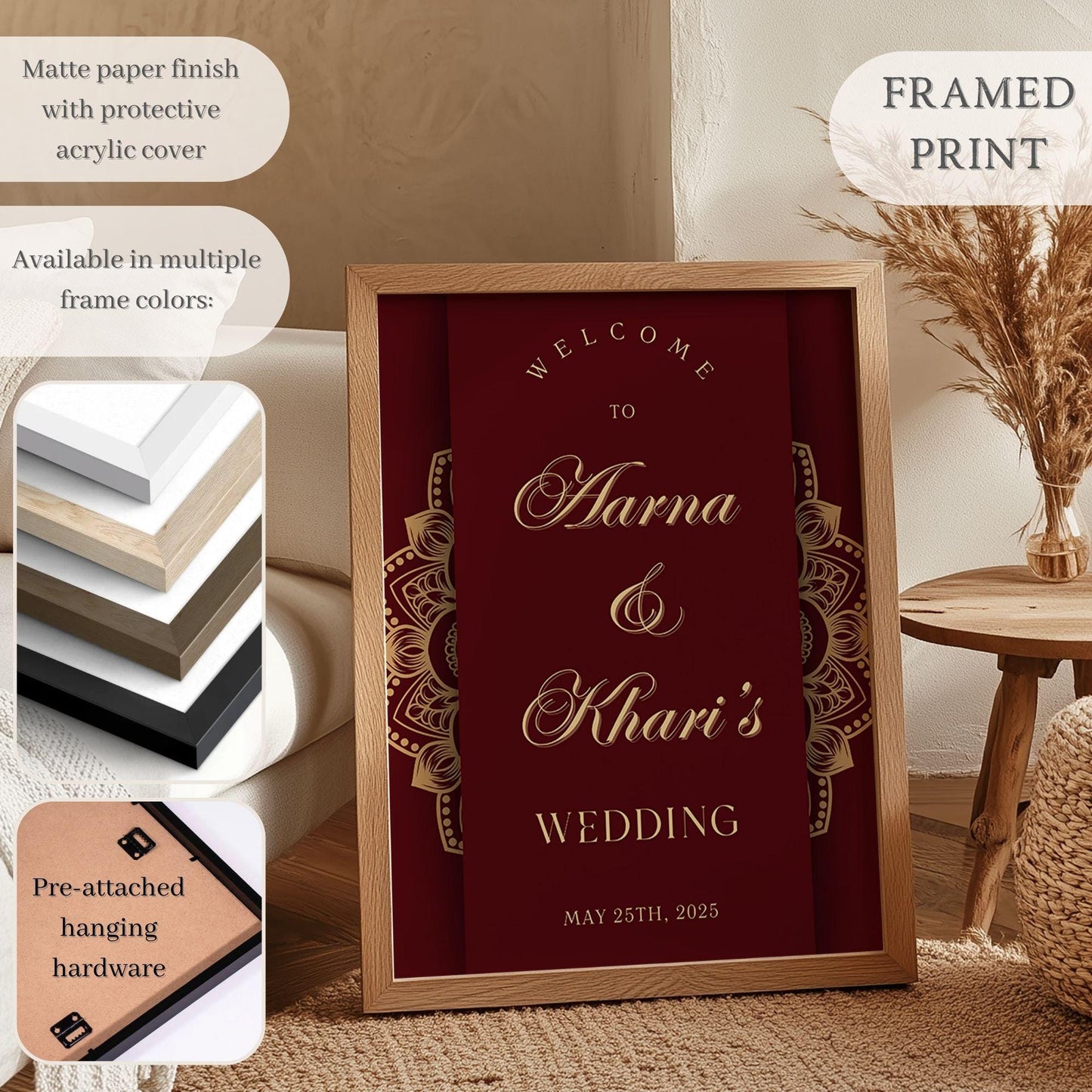 Maroon & Gold Scroll Indian Wedding Welcome Sign for Mehndi, Sangeet, Haldi etc.