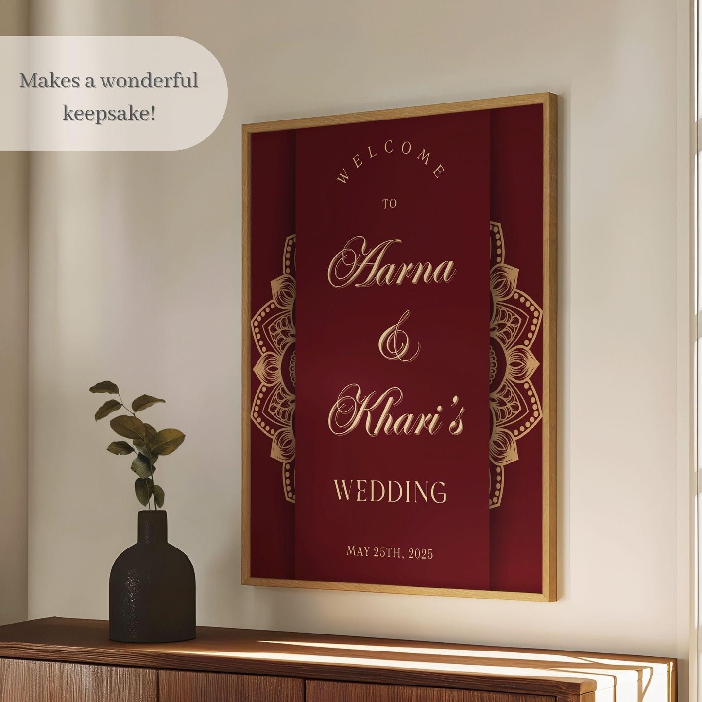 Maroon & Gold Scroll Indian Wedding Welcome Sign for Mehndi, Sangeet, Haldi etc.