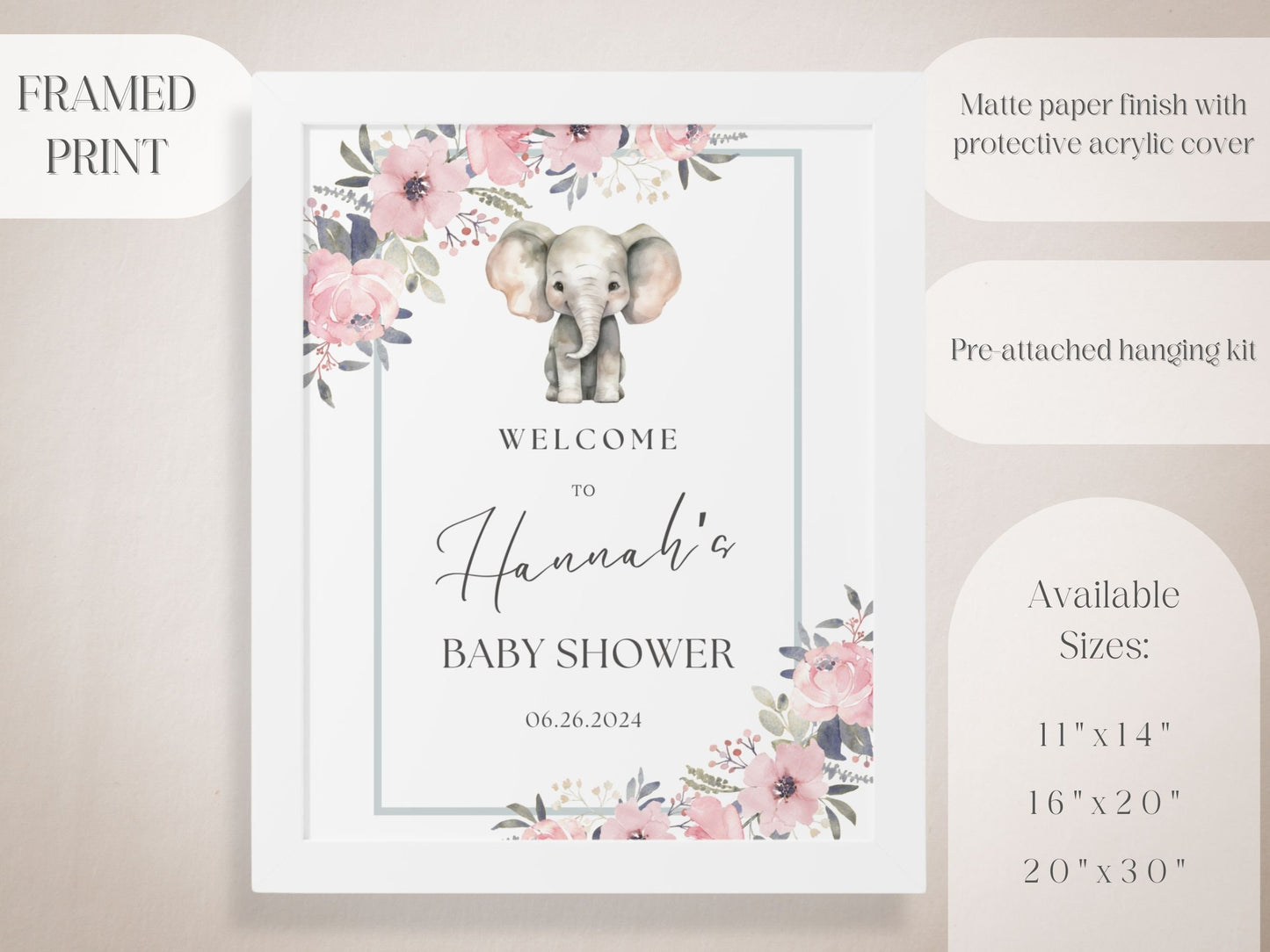Floral Elephant Baby Shower Welcome Sign