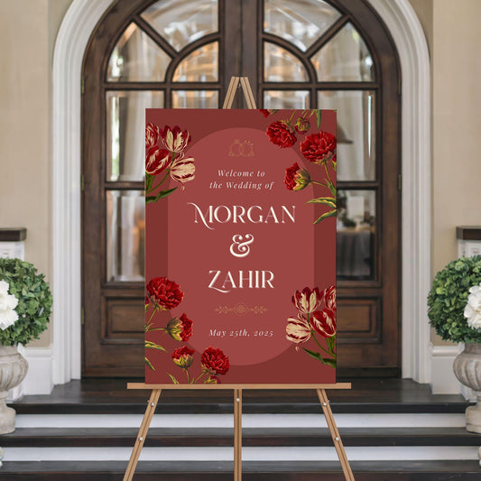 Red Floral Indian Wedding Welcome Sign for Mehndi, Sangeet, Haldi etc.