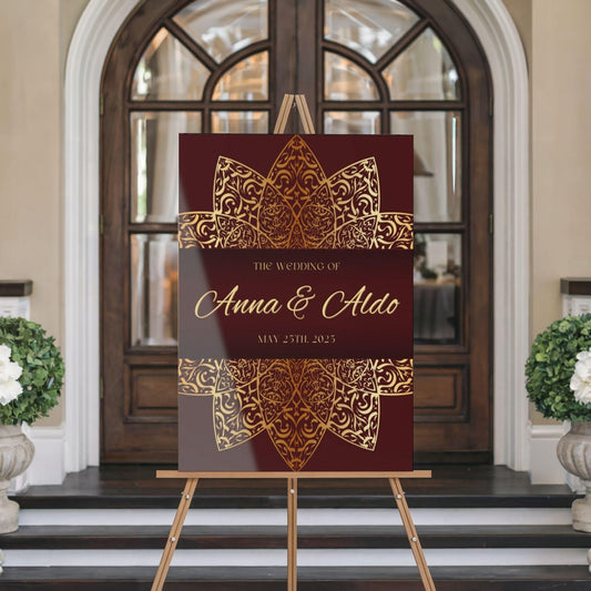 Maroon & gold Intricate Indian Wedding Welcome Sign for Mehndi, Sangeet, Haldi etc.