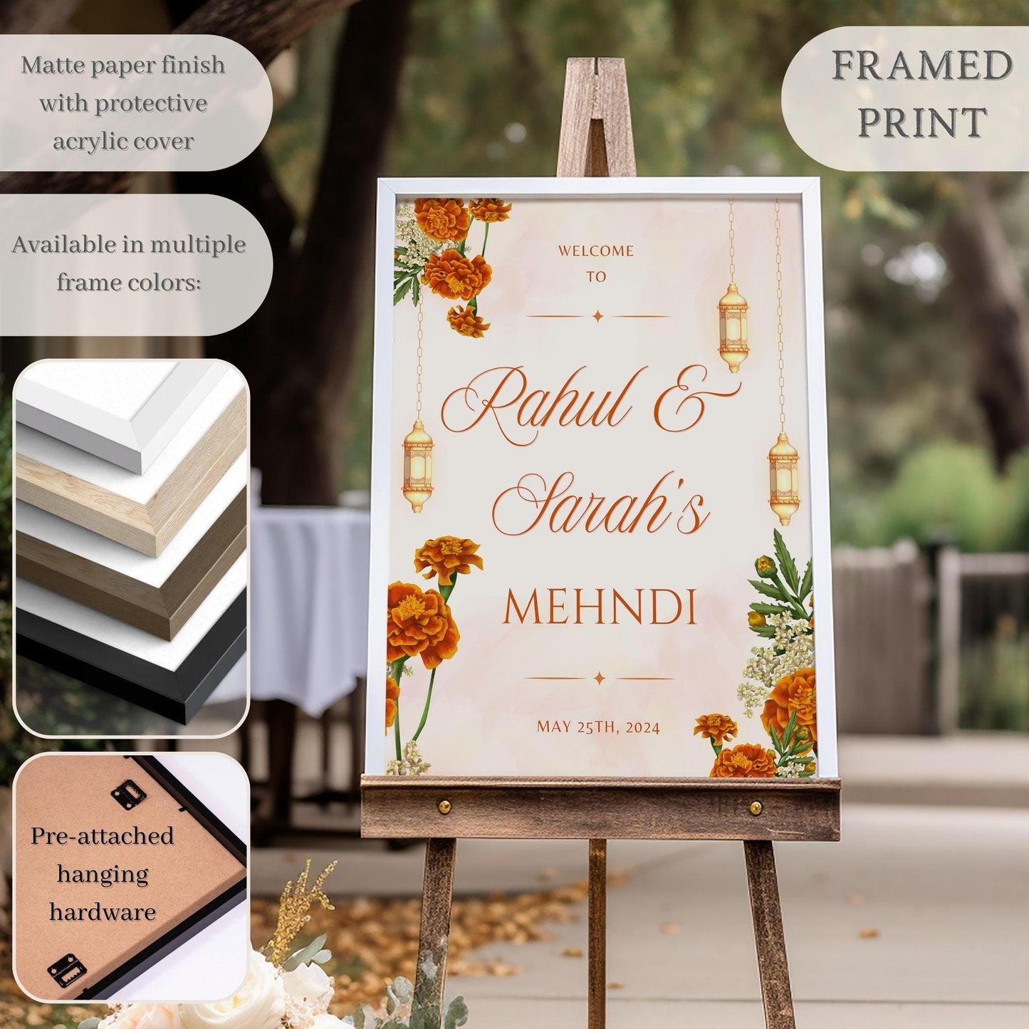 Beige Floral Lantern Indian Wedding Welcome Sign for Mehndi, Sangeet, Haldi etc.