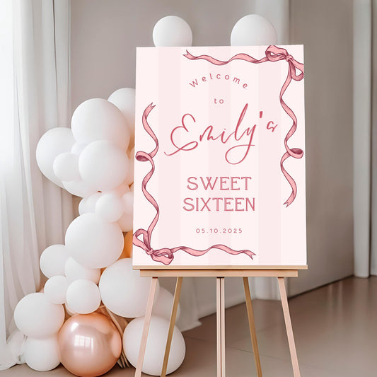 Pink Coquette Bows "Sweet Sixteen" 16th Birthday Welcome Sign