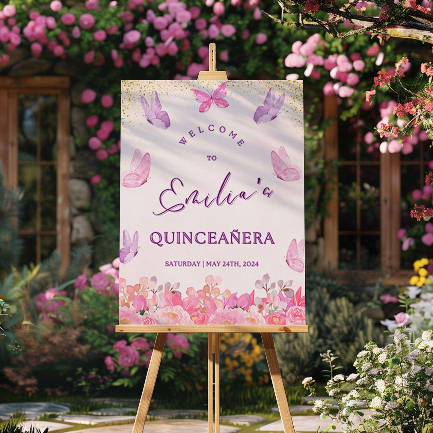 Butterfly Garden Quinceañera Welcome Sign