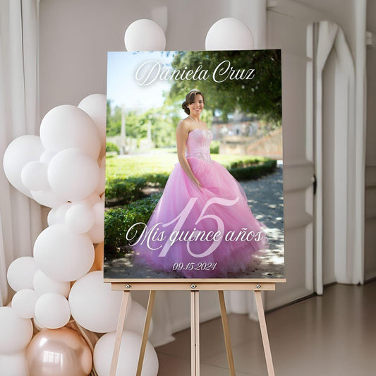 Elegant Script Custom Photo Quinceañera Welcome Sign