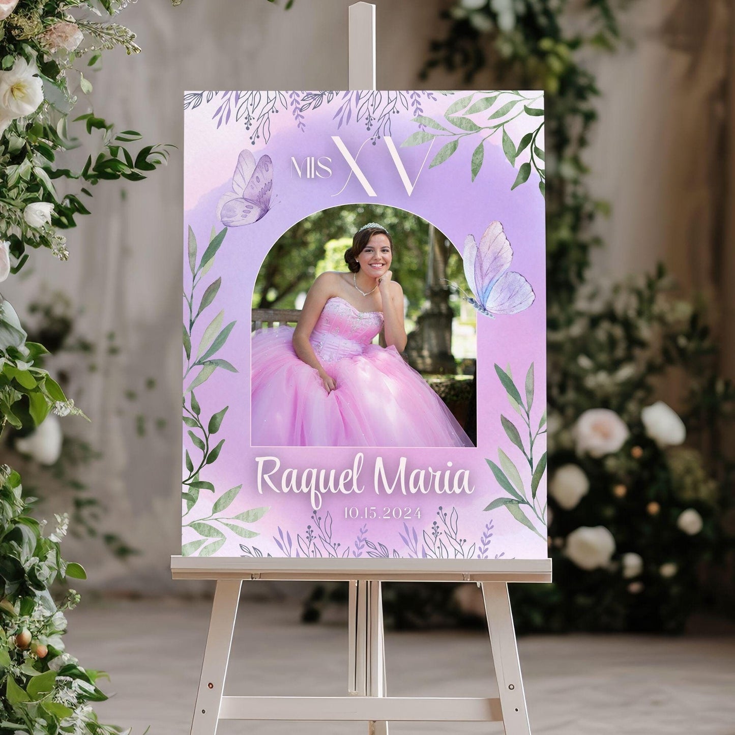 Purple Butterfly Whimsical Photo Quinceañera Welcome Sign - Magnolia Dane Co.