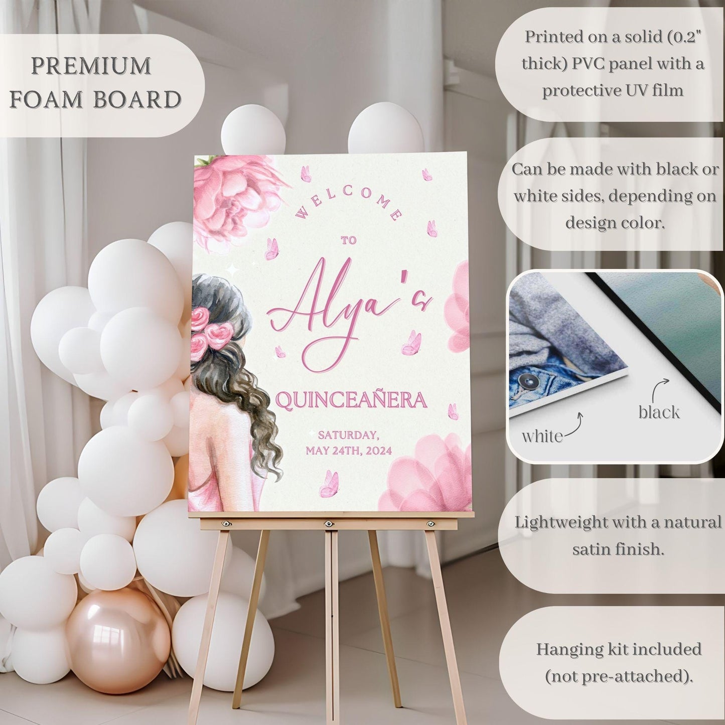Floral Silhouette Quinceañera Welcome Sign