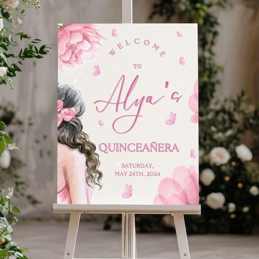 Floral Silhouette Quinceañera Welcome Sign