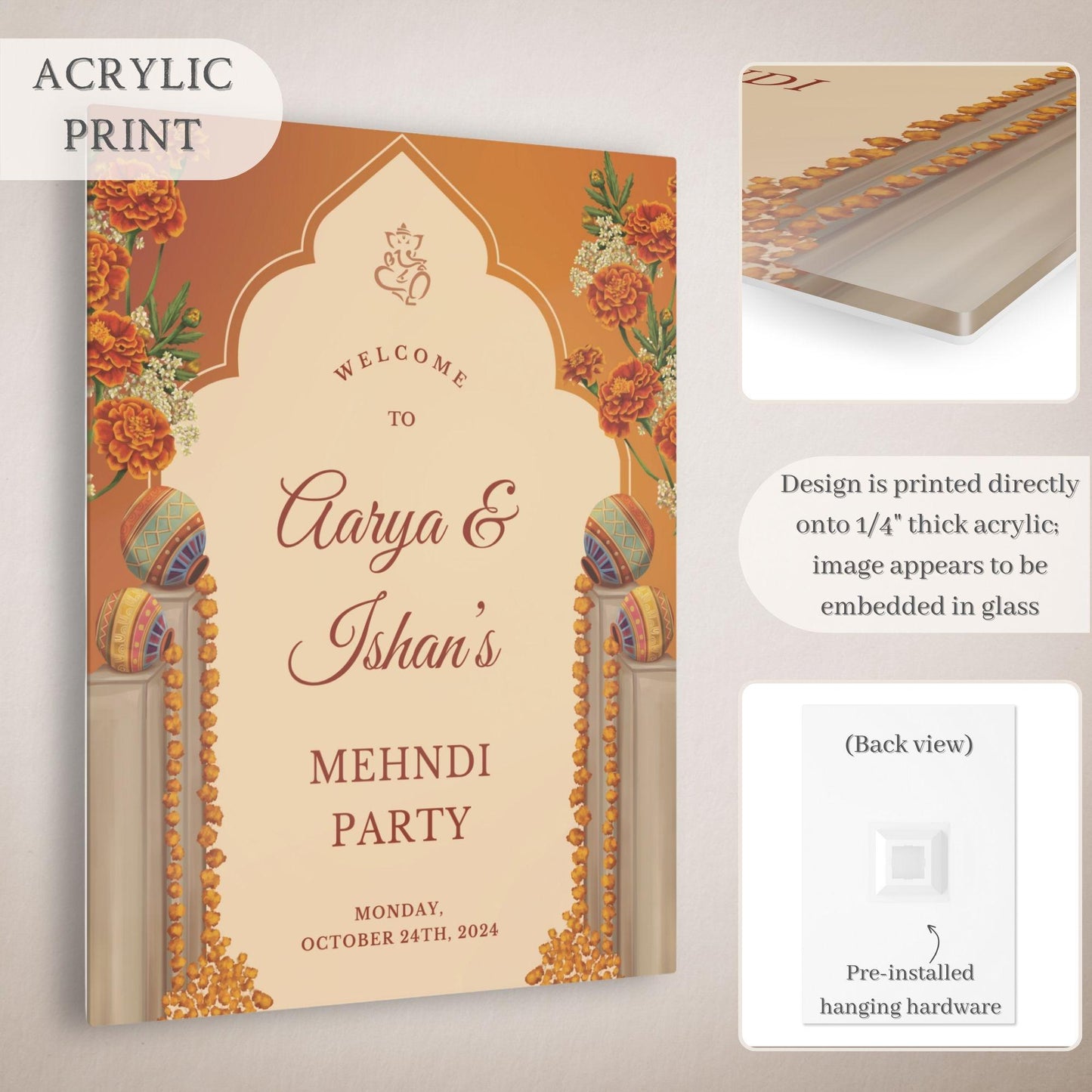 Orange Vases Indian Wedding Welcome Sign for Mehndi, Sangeet, Haldi etc.