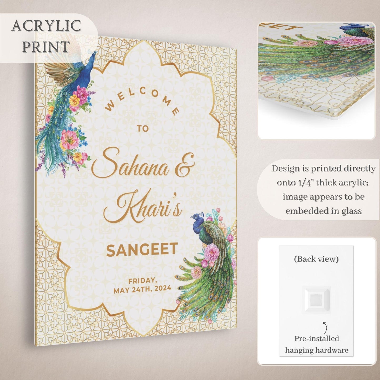 Gold Peacock Indian Wedding Welcome Sign for Mehndi, Sangeet, Haldi etc.