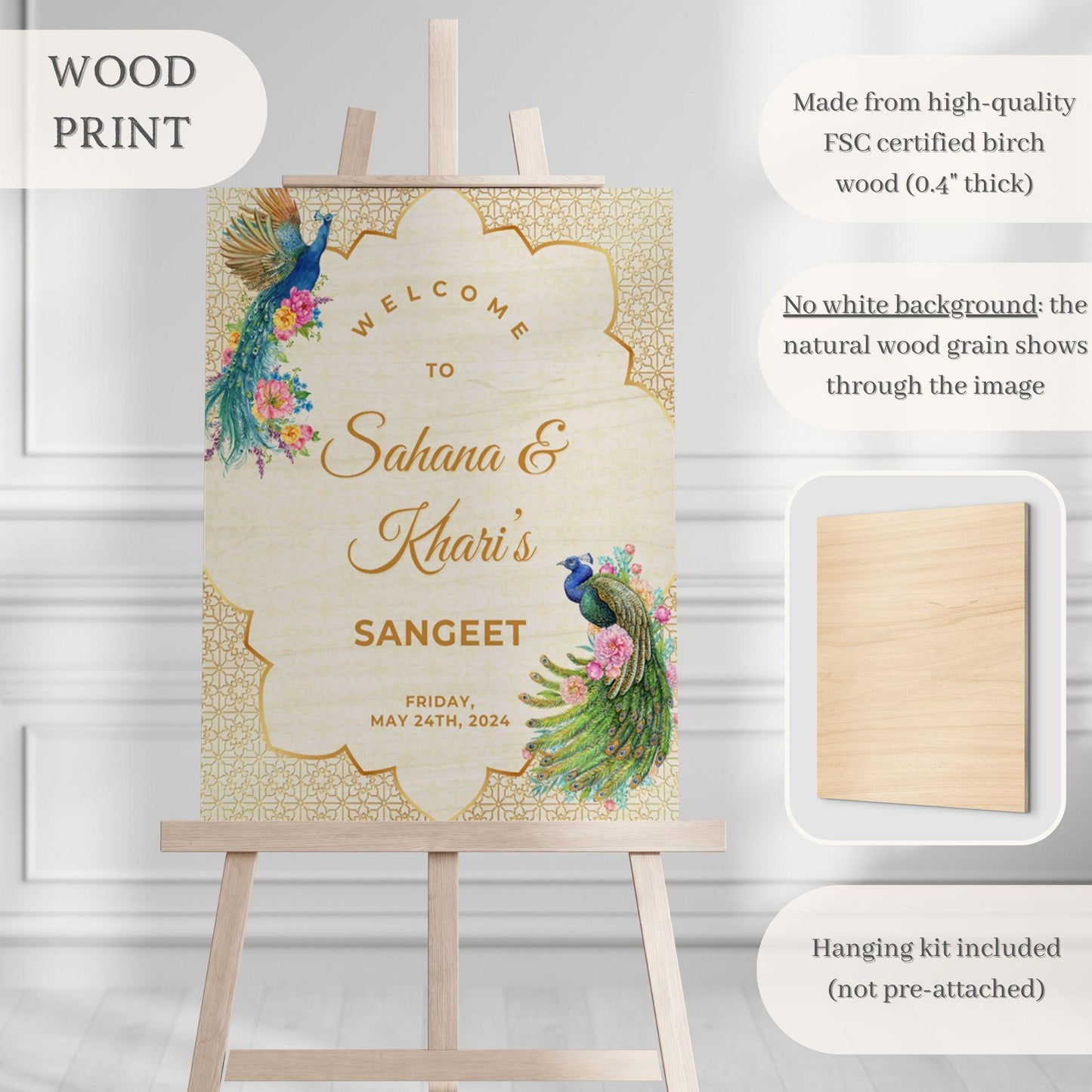 Gold Peacock Indian Wedding Welcome Sign for Mehndi, Sangeet, Haldi etc.