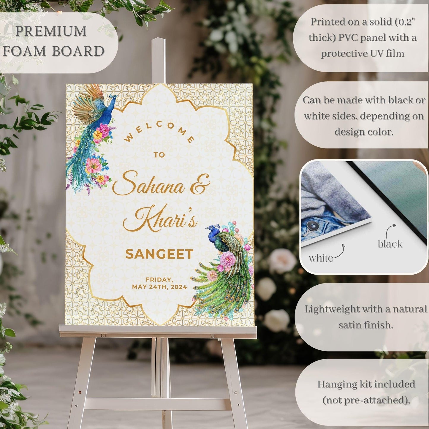 Gold Peacock Indian Wedding Welcome Sign for Mehndi, Sangeet, Haldi etc.