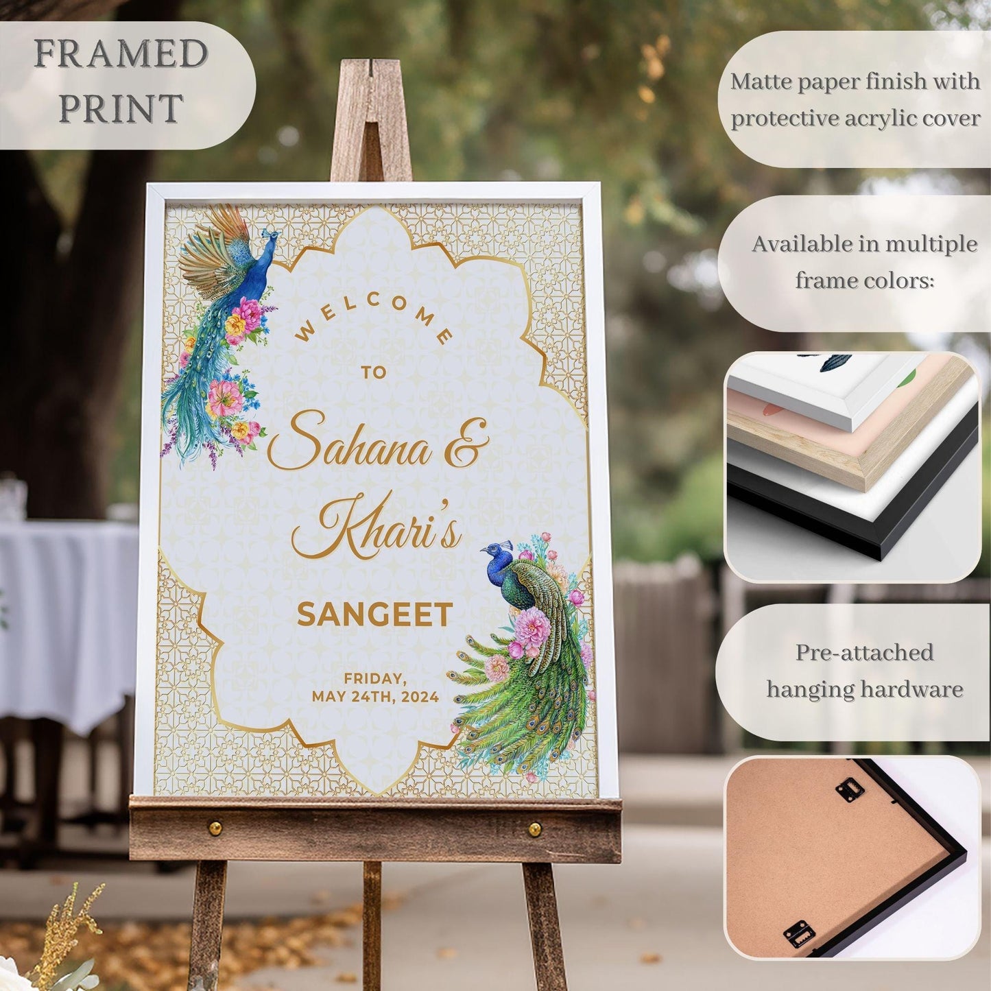 Gold Peacock Indian Wedding Welcome Sign for Mehndi, Sangeet, Haldi etc.