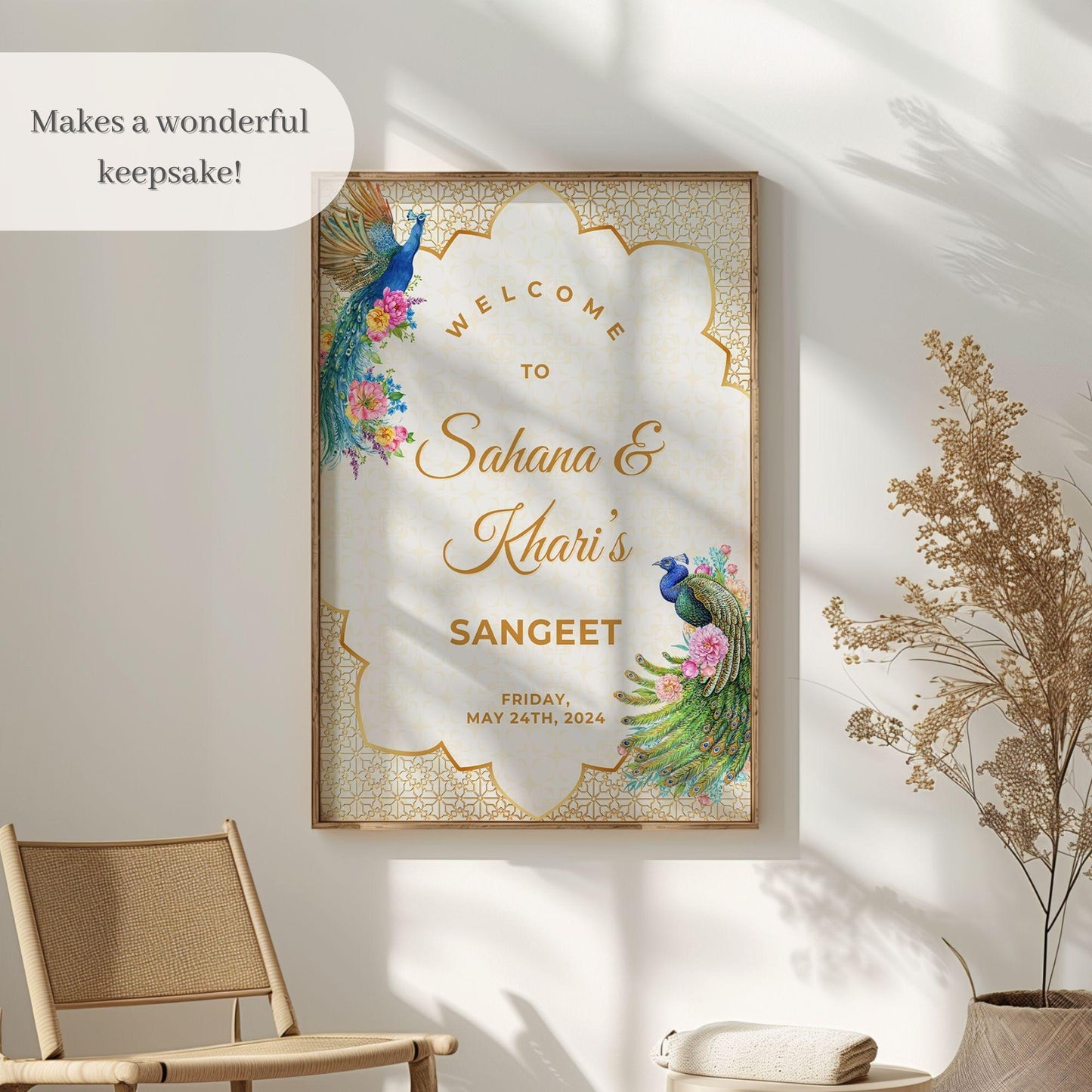 Gold Peacock Indian Wedding Welcome Sign for Mehndi, Sangeet, Haldi etc.