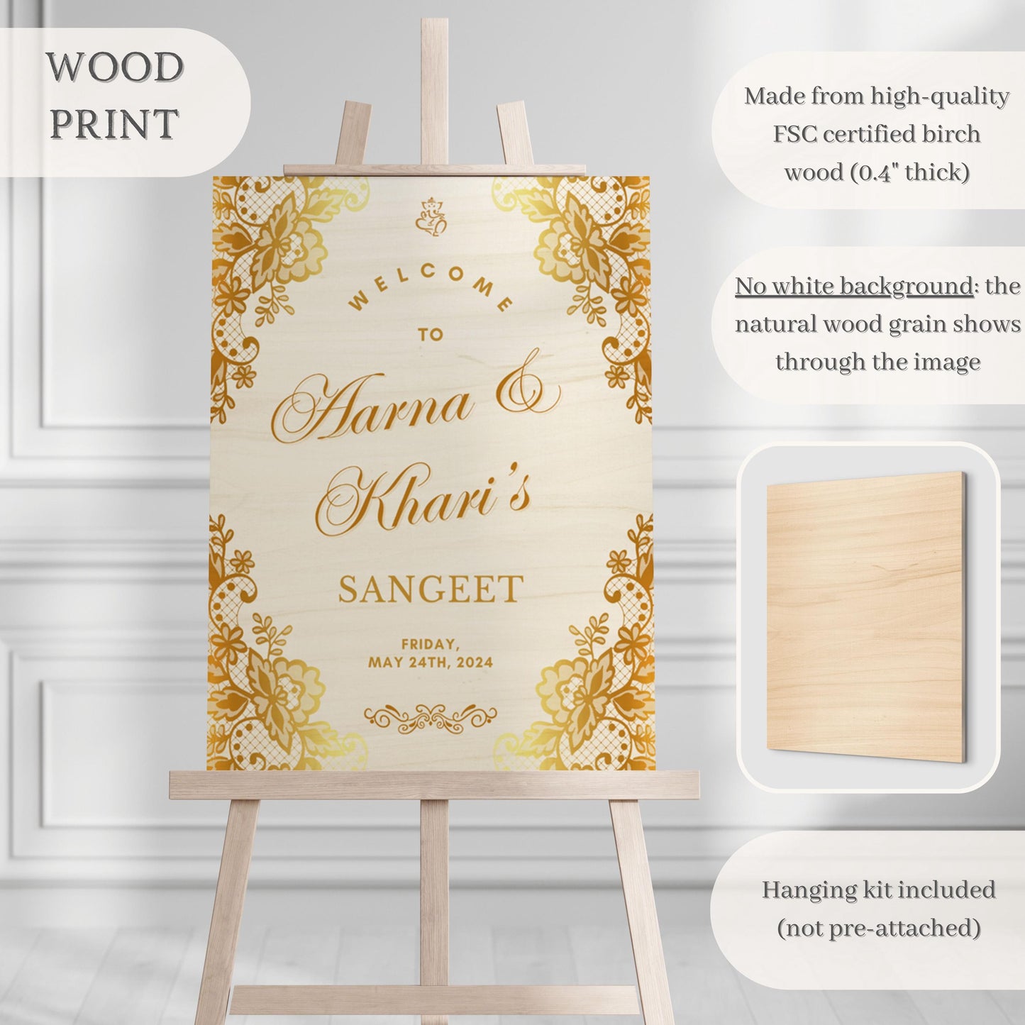 Gold Scroll Indian Wedding Welcome Sign for Mehndi, Sangeet, Haldi etc.
