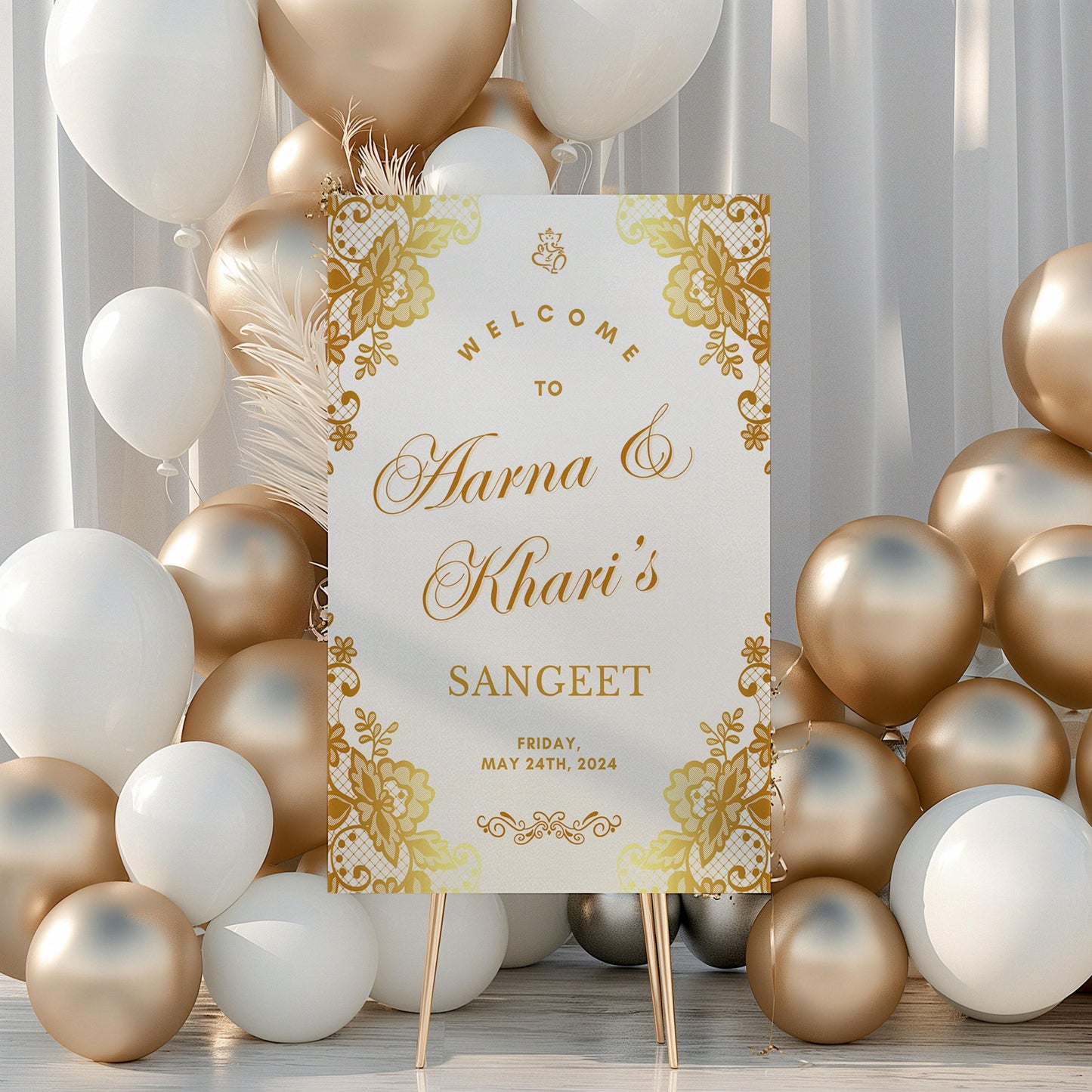 Gold Scroll Indian Wedding Welcome Sign for Mehndi, Sangeet, Haldi etc.