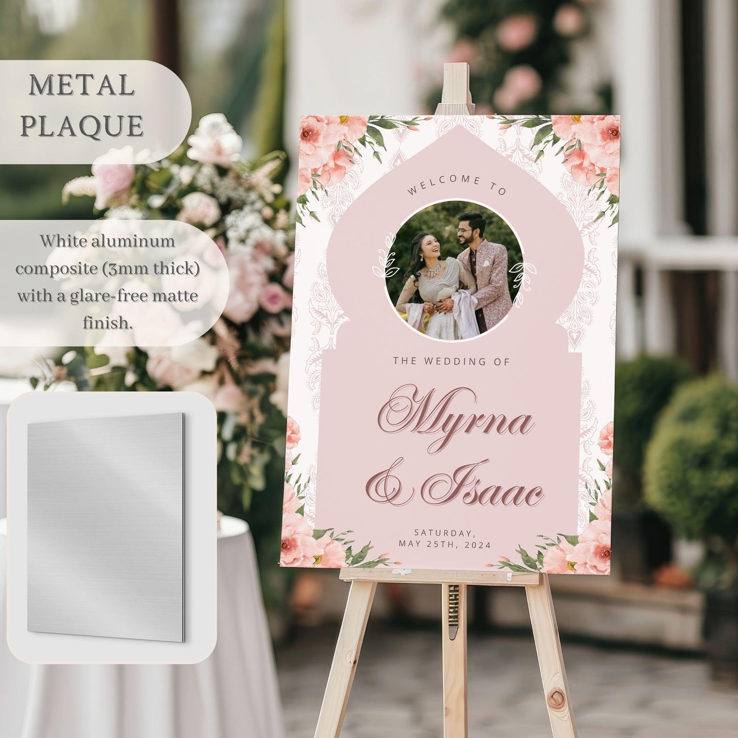 Pink Floral Arch Indian Wedding Welcome Sign for Mehndi, Sangeet, Haldi etc.