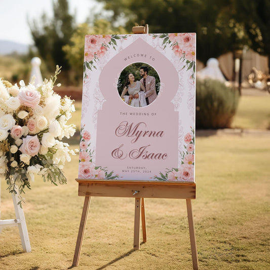 Pink Floral Arch Indian Wedding Welcome Sign for Mehndi, Sangeet, Haldi etc.