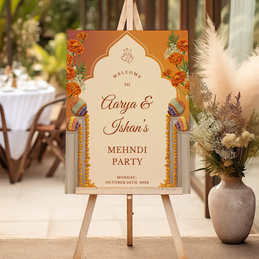 Orange Vases Indian Wedding Welcome Sign for Mehndi, Sangeet, Haldi etc.