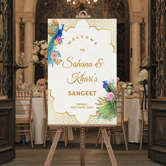 Gold Peacock Indian Wedding Welcome Sign for Mehndi, Sangeet, Haldi etc.