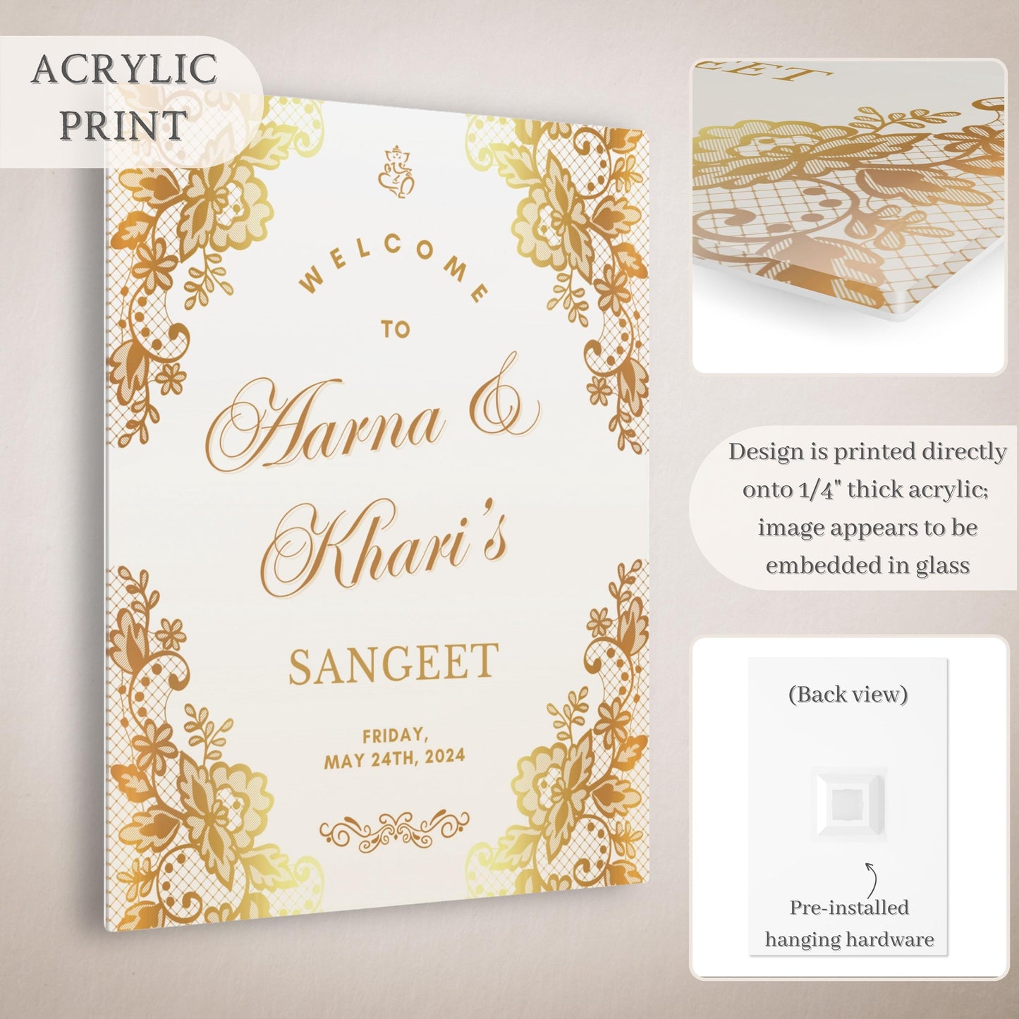 Gold Scroll Indian Wedding Welcome Sign for Mehndi, Sangeet, Haldi etc.