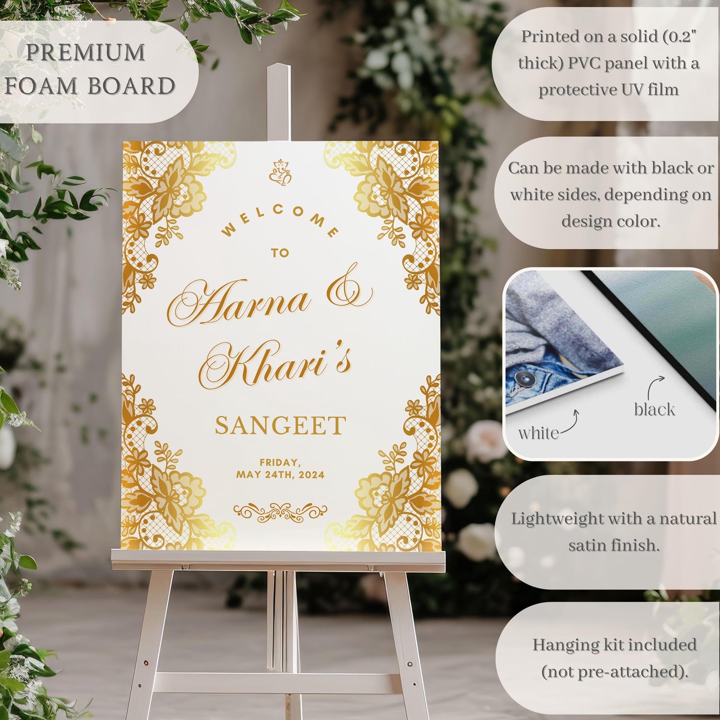 Gold Scroll Indian Wedding Welcome Sign for Mehndi, Sangeet, Haldi etc.