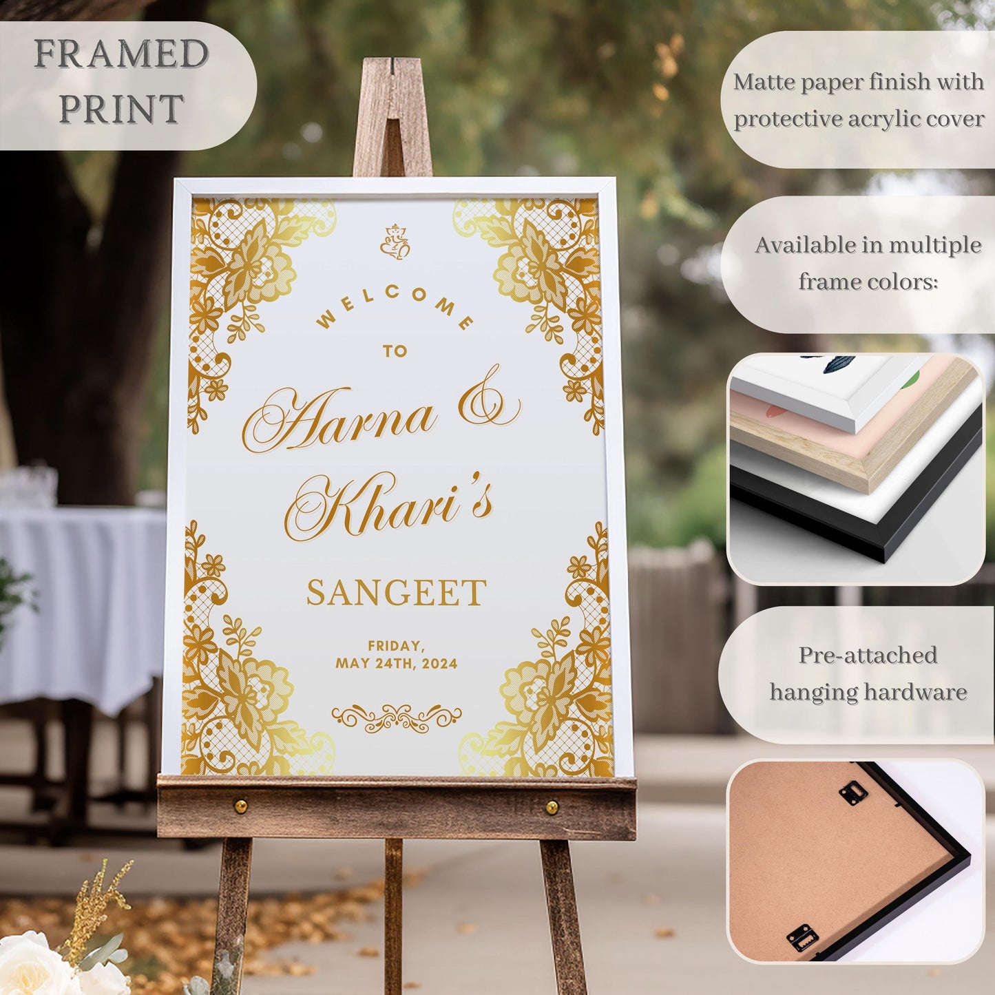 Gold Scroll Indian Wedding Welcome Sign for Mehndi, Sangeet, Haldi etc.