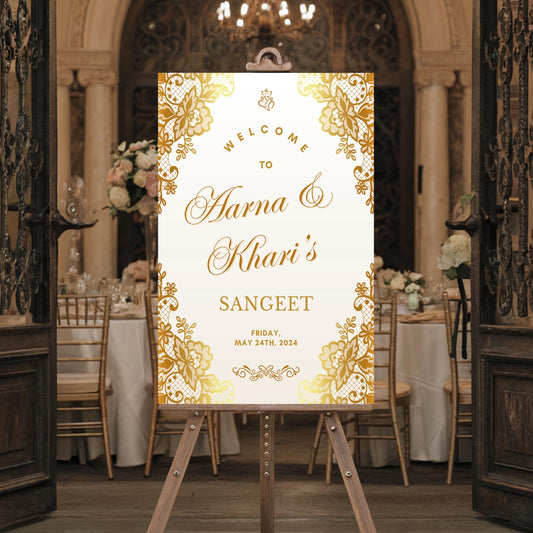 Gold Scroll Indian Wedding Welcome Sign for Mehndi, Sangeet, Haldi etc.