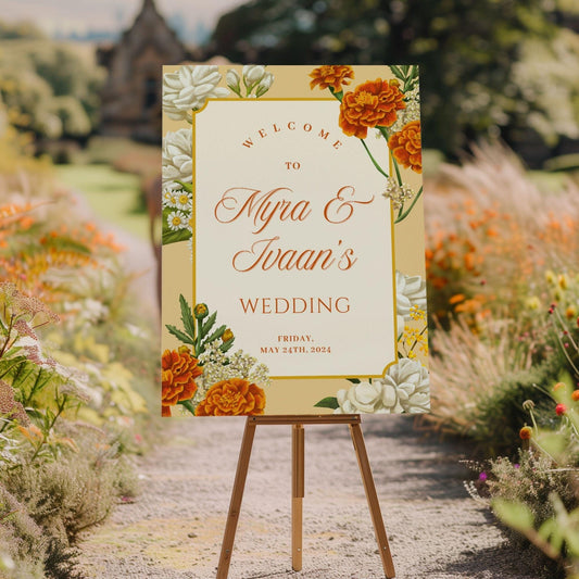 Marigolds Indian Wedding Welcome Sign for Mehndi, Sangeet, Haldi etc.