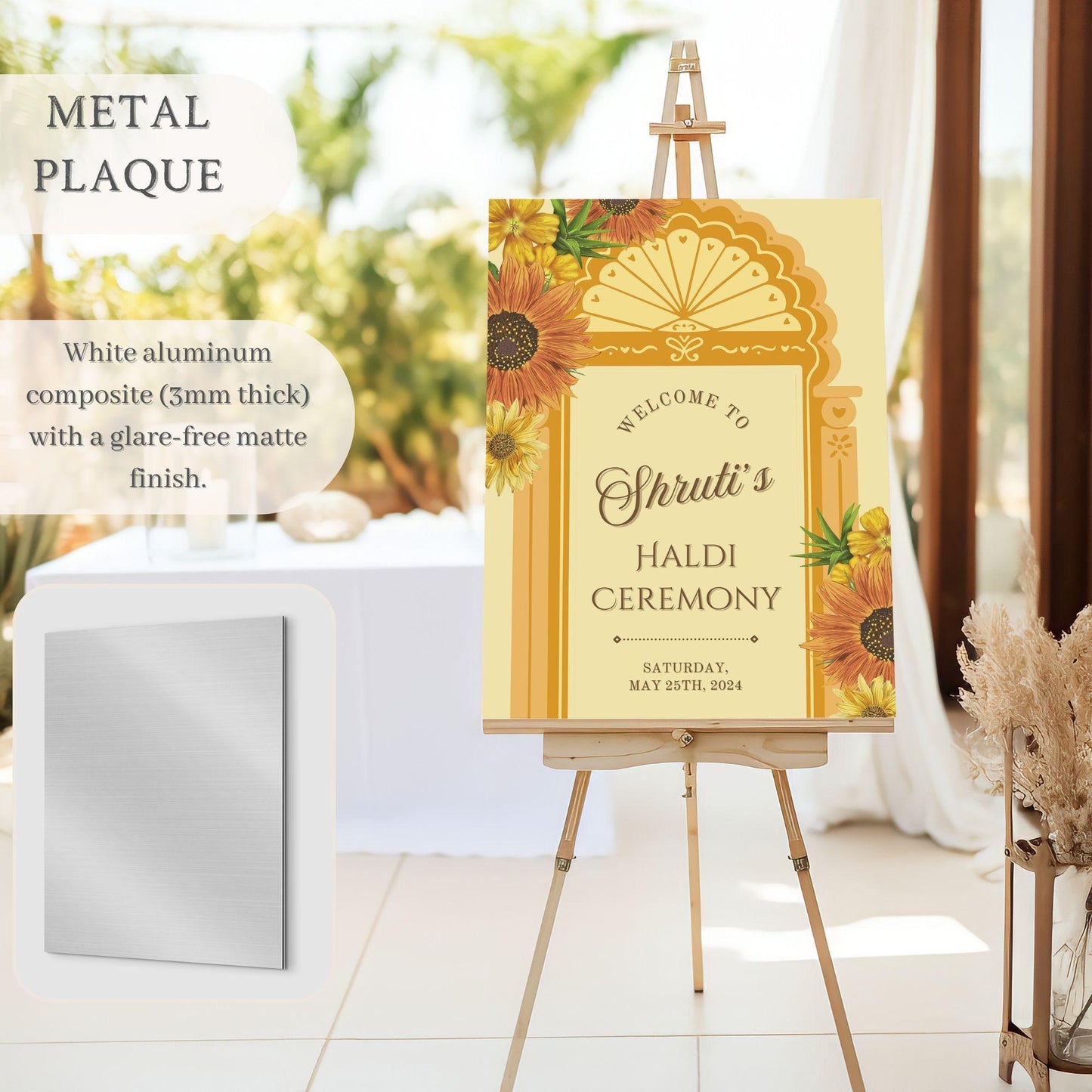 Yellow Floral Arch Indian Wedding Welcome Sign for Mehndi, Sangeet, Haldi etc.