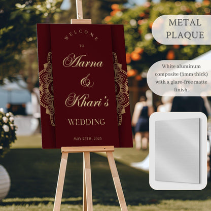 Maroon & Gold Scroll Indian Wedding Welcome Sign for Mehndi, Sangeet, Haldi etc.