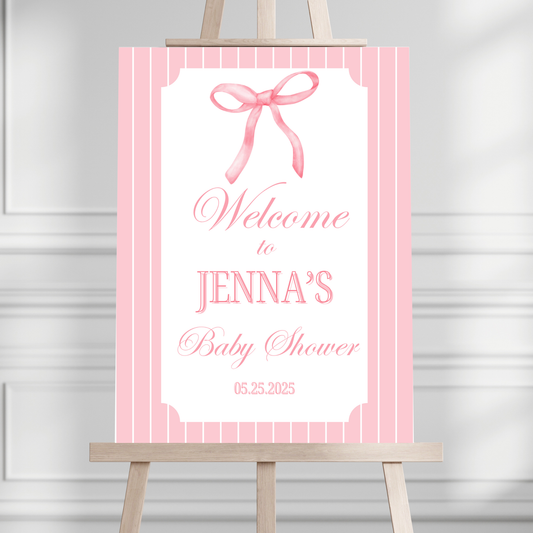 Pink Bow Preppy Baby Shower Welcome Sign
