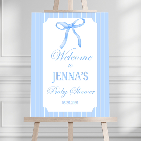 Blue Bow Preppy Baby Shower Welcome Sign