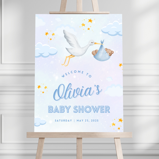 Blue Stork Baby Shower Welcome Sign